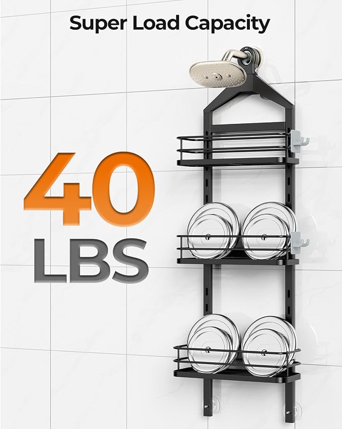 ODesign 3 Tier Height-Adjustable Shower Caddy Hanging Hanger Anti-Swing-Over The Shower Head Caddy-Shower Storage Organizer Bathroom Shelves Basket Shower Caddies-Black,11.9" x 4.84" x 36.2" - Image 7