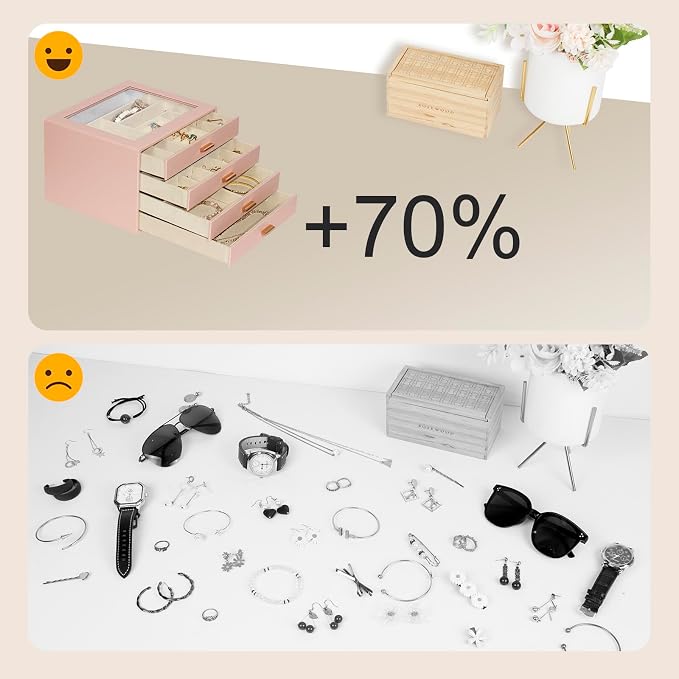 Jewelry Box with Glass Lid, 4-Layer Jewelry Organizer for Women Girls, PU Leather Display Case with 20-Grid Earring Tray & Movable Dividers for Necklaces Rings,Pink - Image 8