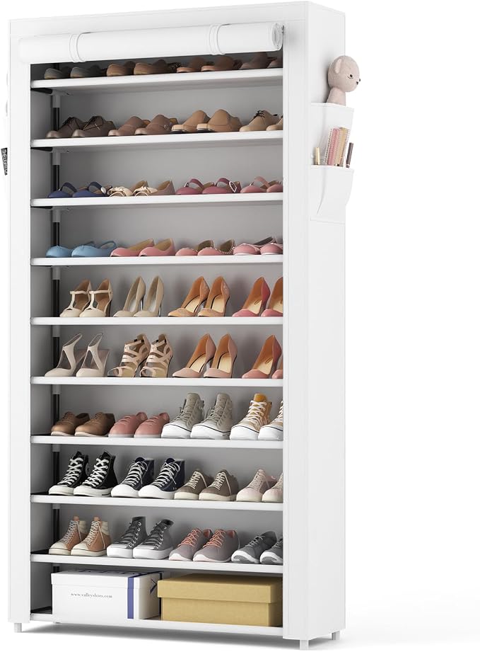 ROJASOP Shoe Rack with Covers 10 Tier Large Shoe Organizer Tall Shoe Closet Storage for 50-55 Pairs Shoe and Boot, Free Standing Shoe Rack Organizer for Closet, Entryway, Bedroom, White by ROJASOP