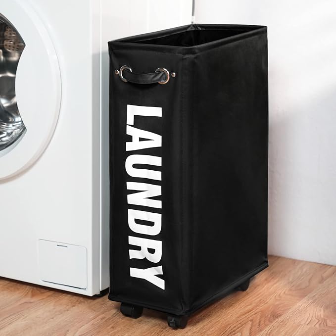DOKEHOM 25-Inches Slim Laundry Basket on Wheels, Collapsible Rolling Laundry Hamper, Foldable Narrow Corner Clothes Storage Bins (Black) - Image 7