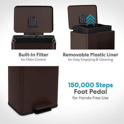 Simpli-Magic 50 Liter / 13.2 Gallon Soft-Close, Smudge Resistant Trash Can with Foot Pedal and Built in Filter- Brown - Image 4
