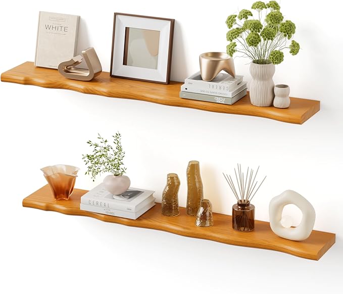 Floating Shelves for Wall Rustic Farmhouse 48 Inch Floating Shelf Bathroom Wooden Shelves for Wall Mounted Live Edge Pine Shelf with Unique Natural Grain for Living Room Bedroom Kitchen (Honey Walnut) by Unknown