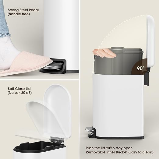 CEROELDA Small Bathroom Trash Can with Lid Soft Close, 5L/1.3 Gallon Stainless Steel Slim Garbage Can, Metal Waste Basket with Step Pedal, for Office, Bedroom, Toilet, Dorm Room (White, 1.3 Gallon) - Image 4