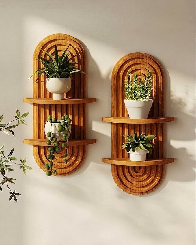 Bamworld Boho Wall Decor Brown Plant Wall Shelf, Mid Century Modern Decor Hanging Plant Shelf, 2-Tier Wooden Floating Shelves for Home, Bathroom Bedroom Living Room, Office Planter Decoration 2 pcs by Bamworld