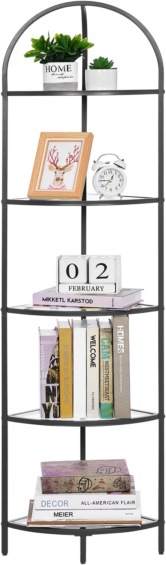 Homhedy 5-Tier Corner Shelf Stand, Metal Corner Bookshelf, Tempered Glass Shelves, Bathroom Storage Rack Shelf, Plant Stand, Modern Style, Black - Image 9