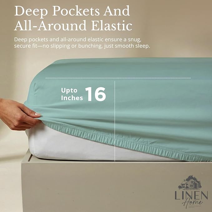 Linen Home 100% Cotton Percale Sheets King Size, Aqua Blue, Deep Pocket, 4 Pieces Set - 1 Flat, 1 Deep Pocket Fitted Sheet and 2 Pillowcases, Crisp Cool and Strong Bed Linen
