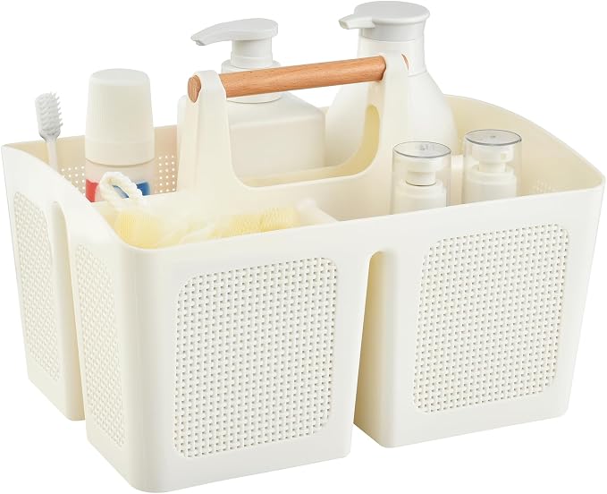ALINK Portable Shower Caddy Basket with Compartments, Plastic Divided Cleaning Caddy Organizer Storage Tote with Handle for Bathroom, College, Dorm Room Essentials - Beige by ALINK