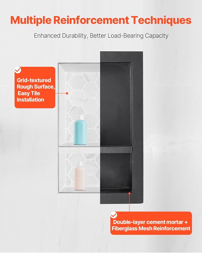 VEVOR Shower Niche, 16 x 28 x 4 inch Recessed Wall Niche with Movable Divider Shelf, Modern Soap & Shampoo Storage Organizer, Square Corners, Sealed Waterproof Design, Black for Bathroom Shower - Image 6