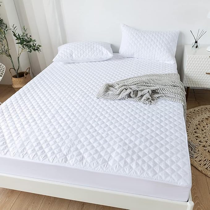 vctops Quilted Fitted Sheet Waterproof Mattress Protector Pad Ultra Soft Elastic Fitted Deep Pocket Bed Cover (White, Twin)
