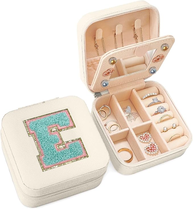 Personalized Jewelry Box, White Travel Jewelry Box with Initial E, Monogrammed Small Jewelry Case Organizer for Girls Teen Tween Kids Women, Mini Travel Essentials Gifts for Birthday Christmas by SANDJEST