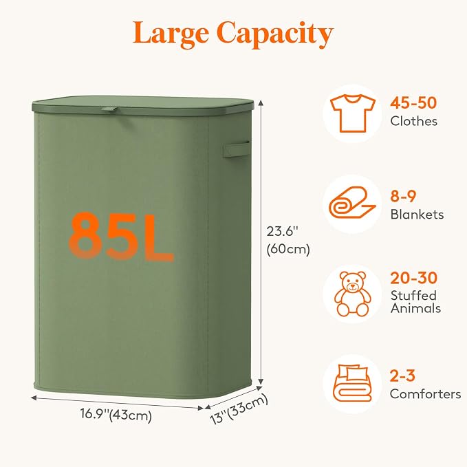 Lifewit 85L Large Laundry Basket with Lid, Laundry Hamper with Plastic Handles and Removable Bag, Foldable Tall Dirty Clothes Hampers for Laundry for Laundry Room, Bedroom, Bathroom, Dorm, Green - Image 2