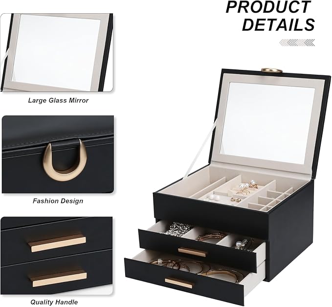 Women's Luxury Jewelry Armoire with Mirror - Compact 2-Drawer Chest with Ring Rolls & Necklace Hooks, Ideal Gift for Women Black - Image 4