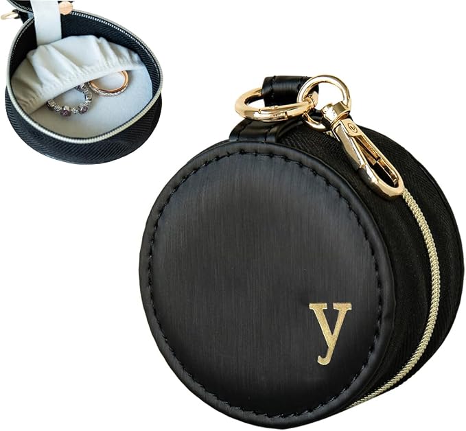 COLLECTIVE HOME - Monogrammed Letter Jewelry Case, Portable Travel Ring Holder Box with Keychain, Personalized Initial Organizer for Earrings Necklaces, Gift for Her (Black-y) by COLLECTIVEHOME