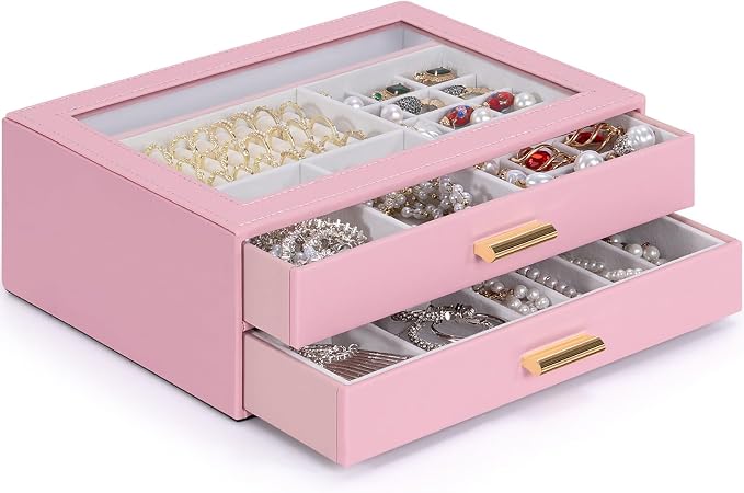 AKOZLIN Jewelry Box with Clear Lid Functional Leather Jewelry Storage Organizer Case 2 Drawers for Women Girls Necklace Ring Bracelet Earring - Image 5