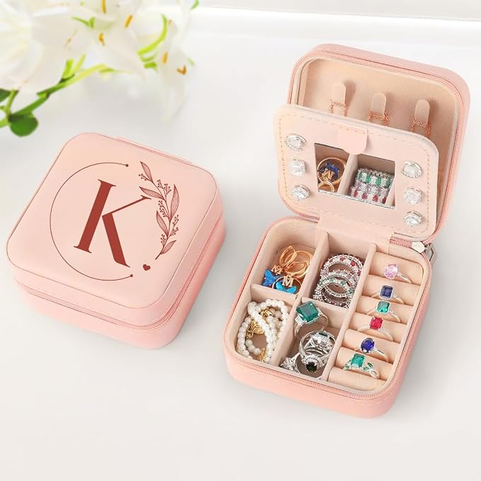 SANDJEST Personalized Jewelry Box, Pink Small Travel Jewelry Box with Initial K, Monogrammed Jewelry Case Organizer for Girls Women Teen, Mini Travel Essentials Gifts for Christmas Birthday - Image 5