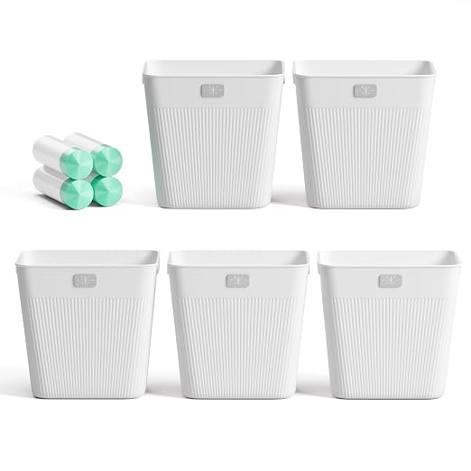 JOYMOOP Slim Trash Can 5-Pack, 2.9 Gallon Plastic Wastebasket for Bathroom, Bedroom, Office, Kitchen with 4 Rolls Bags, White by JOYMOOP