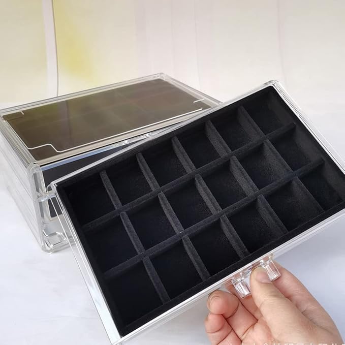 YUFONG Earring Organizer Box Acrylic Jewelry Organizer with 3 Drawers 54 Adjustable Grids Clear Stackable Earring Holder Velvet Trays Ring Display Case for Women Girls (Black) - Image 2