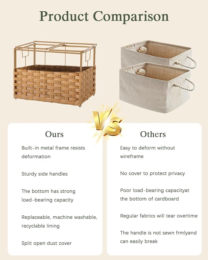 SETVSON Storage Basket with Lid Woven Wicker Baskets with 2 Separate Lid, 9.2 Gallon (35 L) Wicker Storage Bins with Handles, Foldable and 2 Removable Liner Bags for Bedroom, Laundry Room Natural - Image 5