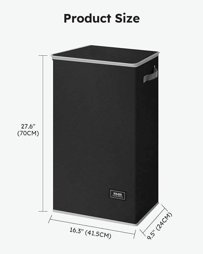 SOLEDI Slim Laundry Hamper with Lid, Narrow Laundry Basket with Removable Bags, Dirty Clothes Hamper with handle, Small Hamper perfect for Laundry room, Bathroom, Bedroom, Small spaces. 70L Black - Image 6