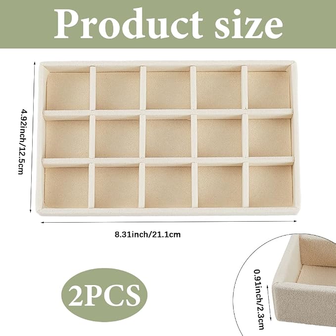 2Pcs 5 x 8.3 Inch Stackable Jewelry Trays Earring Holder Organizer Antique White 15 Grids Velvet Dresser Jewelry Drawer with Removable Divider for Bracelet Ring Watch Trinket Display Showcase - Image 2