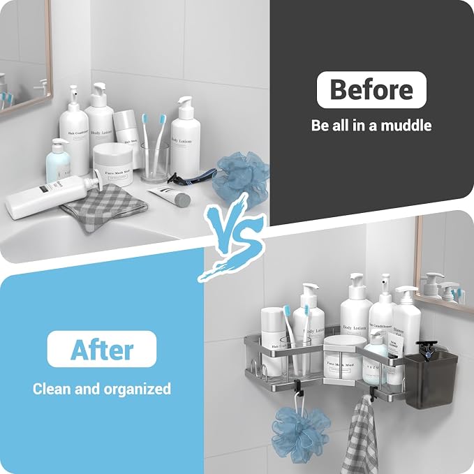Corner Shower Caddy Bathroom Organizer: AKTECKE 2 Pack Adhesive Shelf Decor- No Drilling Stainless Steel Storage Rack with Hooks and Toothpaste Holder - Accessories Stuff - Image 6