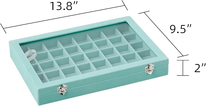 Frebeauty 40 Grid Jewelry Tray,Adjustable Earring Holder Organizer with Glass Lid,Velvet Drawer Jewelry Organizer for Rings,Studs,13.8 x 9.5 x 2 Inches Jewelry Display Box,Gift for Women(Turquoise) - Image 3