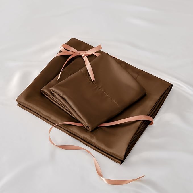 BEDELITE Satin Sheets Full Size Bed Set, Luxury Soft Brown Silky Sheets for Hair and Skin, Similar to Silk Bed Sheets Set 4 Pieces with 1 Deep Pocket Fitted Sheet, 1 Flat Sheet, and 2 Pillowcases