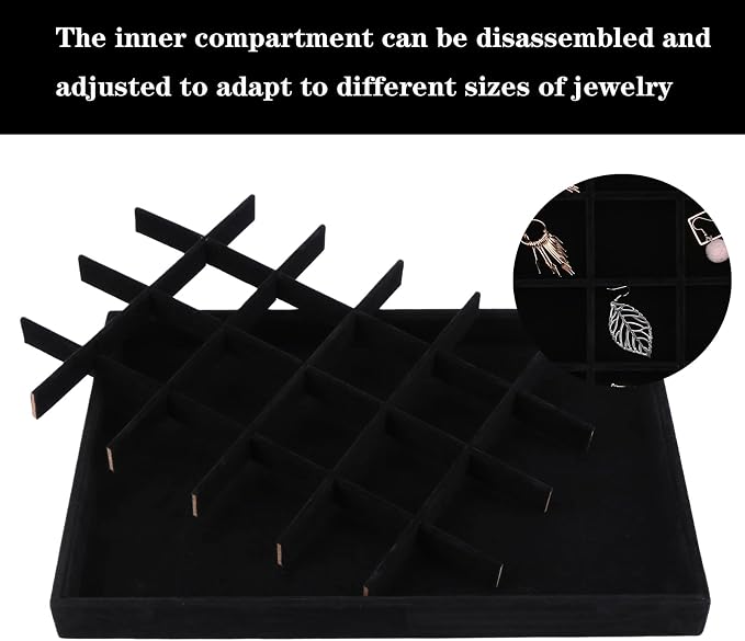 Large Velvet Jewelry Tray, Drawer Organizer for Jewelry in Dresser, Stackable Jewelry Drawer Organizer Inserts for Earring Necklace Bracelet Rings(Black,24grid) - Image 2