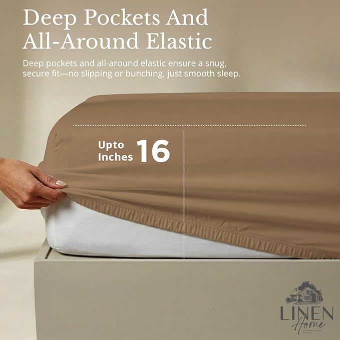 Linen Home 100% Cotton Percale Sheets Twin Size, Earthy Brown, Deep Pocket, 3 Pieces Set - 1 Flat, 1 Deep Pocket Fitted Sheet and 1 Pillowcase, Crisp Cool and Strong Bed Linen