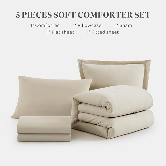 WRENSONGE Twin Comforter Set- 5 Pieces Light Oatmeal Twin Bed in a Bag, All Season Twin XL Bedding Sets with 1 Fitted Sheet, 1 Flat Sheet, 1 Pillow Sham and 1 Pillowcase