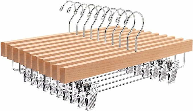Amber Home 10 Pack Wooden Pants Hangers with Clips, 14" Natural Wood Skirt & Trouser Hangers, Closet Hangers for Jeans, Slacks, Shorts, with 2-Adjustable Clips (Natural, 10) by AmberHome