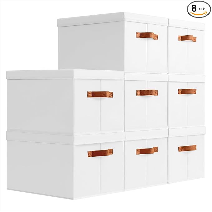 Homsorout Storage Bins with Lids - Large Fabric Closet Bins with Lid, 8 Pack Clothes Organizers and Storage, Collapsible Stackable Cube Basket for Home, Office, Dorm, White by Homsorout