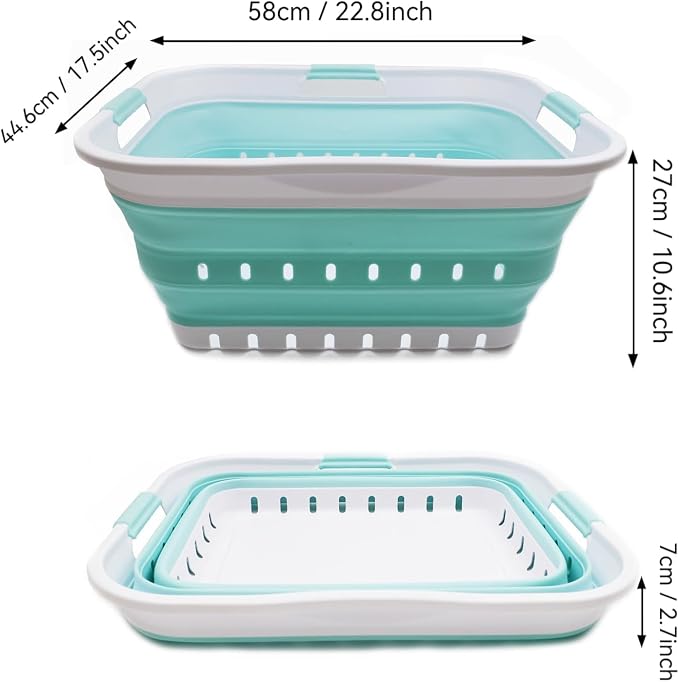 SAMMART 42L (11 gallon) Collapsible Plastic Laundry Basket - Foldable Pop Up Storage Container/Organizer - Space Saving Hamper/Basket (1, White/Lake Green) - Image 3