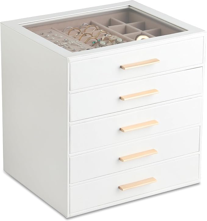 Frebeauty Clear Lid Jewelry Box,5-Layer Jewelry Organizer with Drawer,PU Leather Jewelry Organizers and Storage,Jewelry Boxes for Women,Jewelry Storage for Rings Earring Stud,Gift for Women(White) by Frebeauty