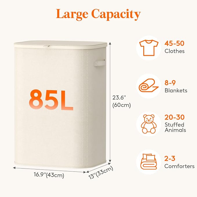 Lifewit 85L Large Laundry Basket with Lid, Laundry Hamper with Plastic Handles and Removable Bag, Foldable Tall Dirty Clothes Hampers for Laundry for Laundry Room, Bedroom, Bathroom, Dorm, White - Image 2