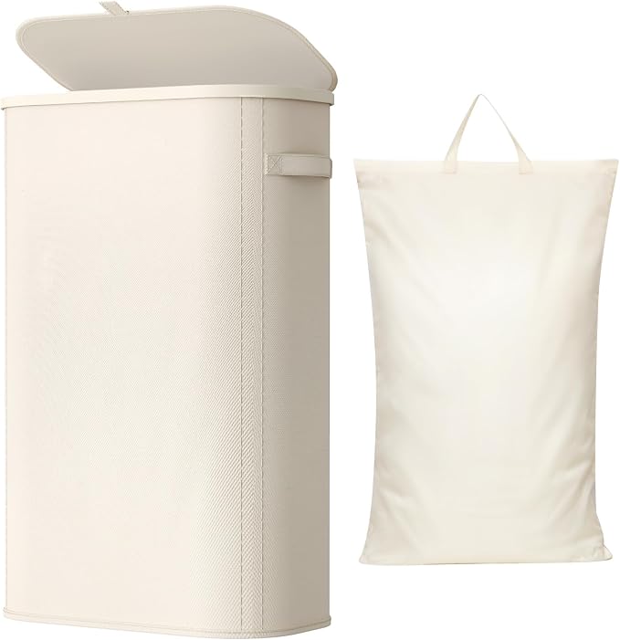 Lifewit Slim Laundry Basket with Lid, Narrow Large Laundry Hamper with Plastic Handles and Removable Bag, Tall Foldable Dirty Clothes Hampers for Laundry Room, Bedroom, Bathroom, Dorm, 65L White by Lifewit