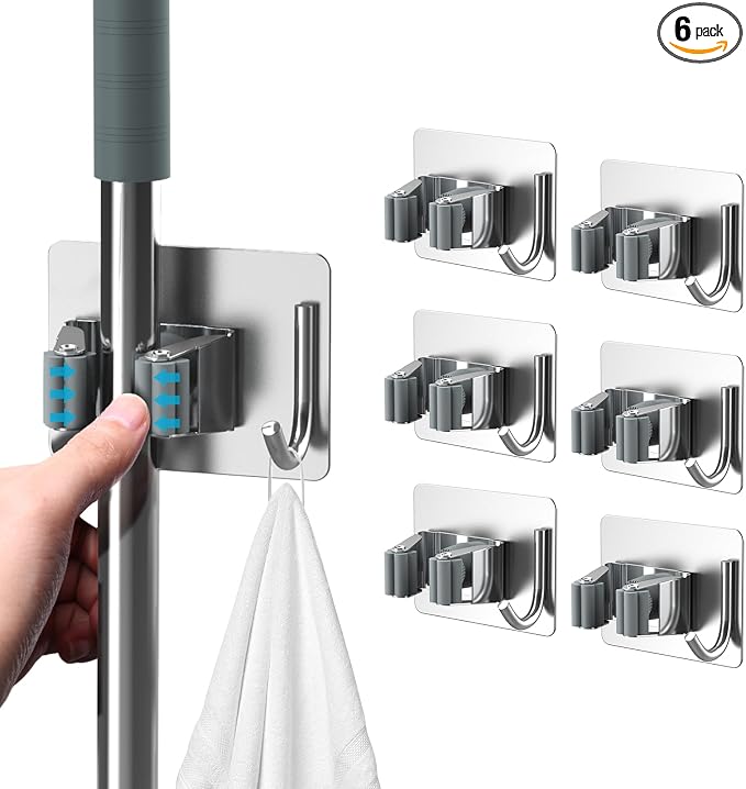 homeasy Mop Broom Holder No Drill, Mop Broom Organizer Wall Mounted Heavy Duty with Hooks Hanger, Self Adhesive Stainless Steel 6Pcs for Bathroom, Kitchen, Office (Silver) by HOMEASY