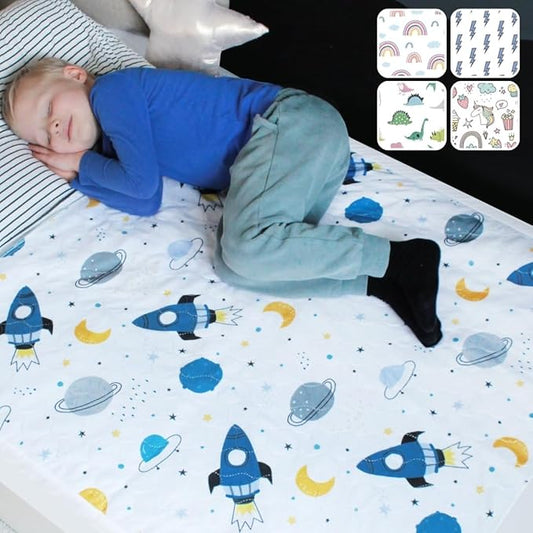 Hygge Sheets® Potty Training Pee Pads for Kids, Toddlers - 2 Pack - 100% Waterproof, Non Slip Bed Wetting Pad for Twin Beds - Washable, Reusable Mattress & Sheet Protector - Space