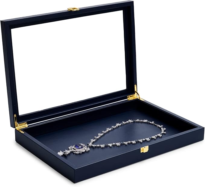 Oirlv Premium Blue Leather Flat Jewelry Tray with Acrylic Lid Jewelry Organizer Case Showcase Big Necklace Display Organizer Box with Locks for Security - Image 2