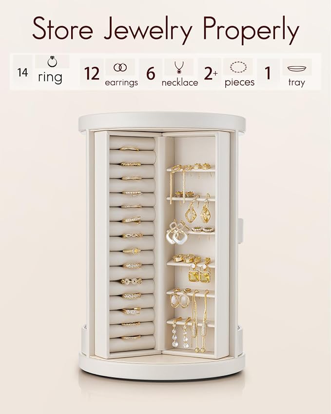 VLANDO 360°Rotating Jewelry Box,Earring Organizer Large Vertical Jewelry Organizer with 6 Necklace Hooks, Open Ring Display Storage for Women - Cream White - Image 7