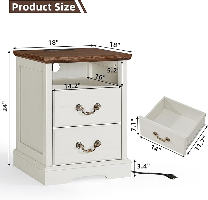 Farmhouse Dressers & Night Stand,54" Wide 7 Drawer Dresser& 18" Wide End Table with Charging Station,Furniture Dresser Sets for Home White