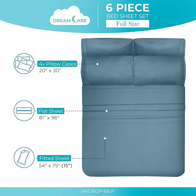 DREAMCARE Full Size Sheets - 6 pcs Breathable Cooling Bed Sheets - up to 15" Deep Pocket Full Size Bed Sheets wth Side Pockets -Extra Soft 100% Brushed Hypoallergenic Hotel Luxury Bedding Mineral Blue