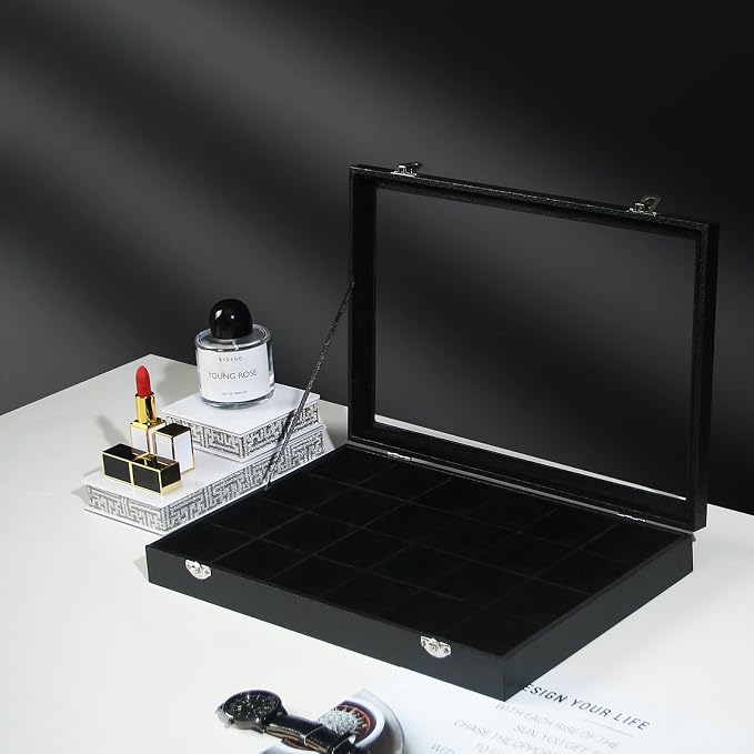Coward Jewelry Organizer Box, Black Velvet 24 Grids Ring Earring Jewelry Display Tray Case with Transparent Glass Lid for Home Drawer or Shop Selling - Image 6