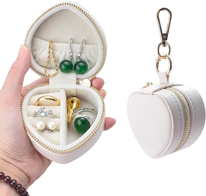 Heart Shape Ring Holder Keychain, Mini Travel Jewelry Case for Wedding Ring, Sports & Vacation, Portable Zipper Clutch Organizer for Earrings Necklace, Premium Gift for Women Girls (White) by Unknown