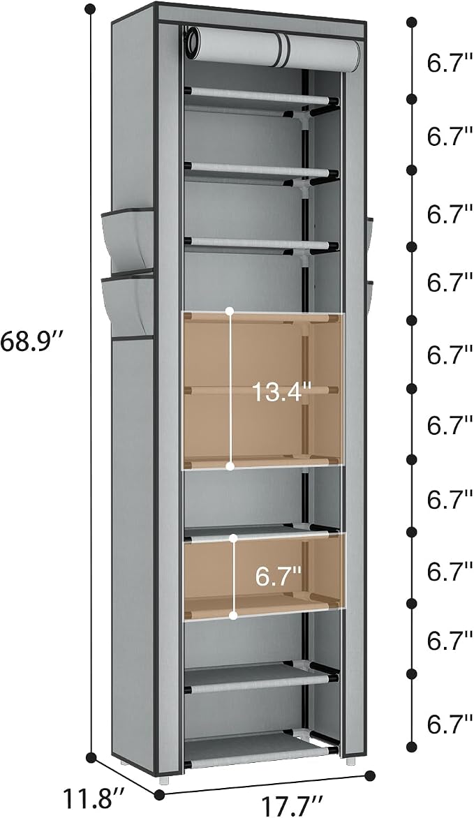 ROJASOP Shoe Rack with Covers 10 Tier Large Shoe Organizer Tall Shoe Closet Storage for 20-22 Pairs Shoe and Boot, Free Standing Shoe Rack Organizer for Closet, Entryway, Bedroom, Grey - Image 3