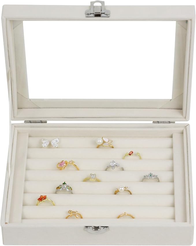 Fordonral Velvet Jewelry Organizer Box, Jewelry Drawer Organizers Trays, Earring Ring Necklace Holder Display Case (Beige, Ring Box) - Image 6