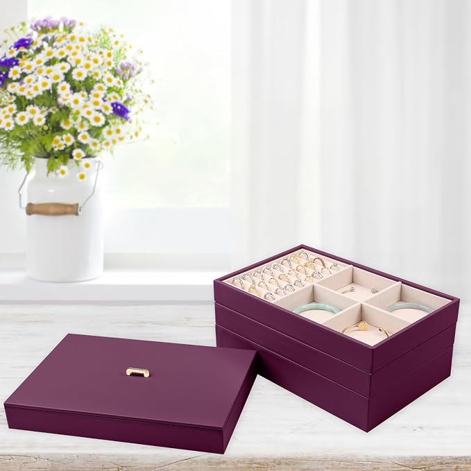 Voova Stackable Jewelry Organizer Tray with Lid, PU Leather Jewelry Storage Holder for Drawer Inserts, Jewellery Display Box Case for Earring Necklace Ring Watch Bracelet (Set of 4, Purple) - Image 4