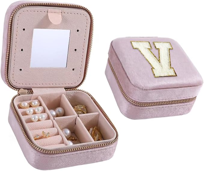 Personalized Velvet Travel Jewelries Case Jewelry Box for Women Ring Necklace Earring Holder Organizer Box with Mirror for Girls Birthday Gifts for Mom Initial (Pink, V) by HKDSGF