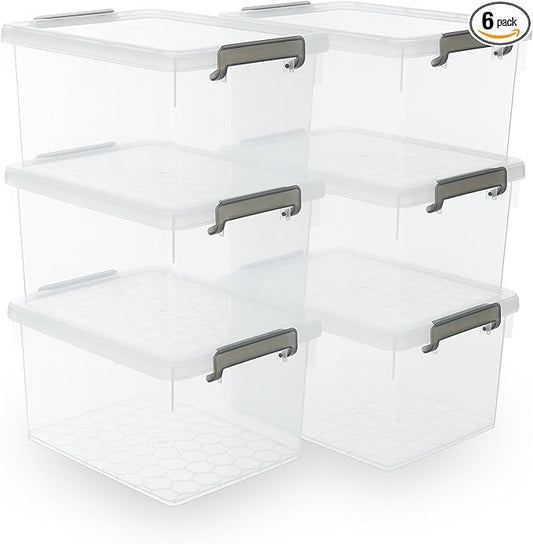 Citylife 22.2 QT 6 Packs Plastic Storage Bins with Lids and Secure Latching Buckles Clear Stackable Storage Containers for Organizing Durable Storage Box