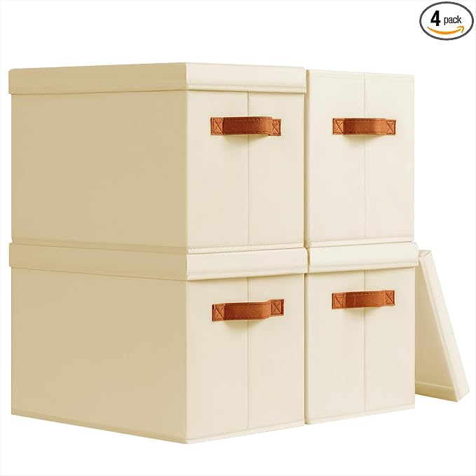 Homsorout Storage Bins with Lids - Fabric Storage Baskets for Shelves, 4 Pack Foldable Decorative Boxes with Handles, Stackable Organizer Bins for Home, Nursery, Dorm, Beige by Homsorout